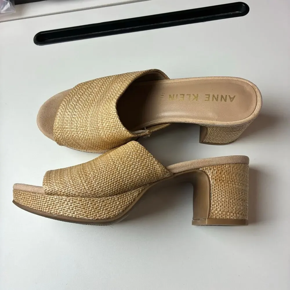 Anne Klein Payge Raffia Block Platform Heels Slip On Sandals 7.5 iFlex Stretch
